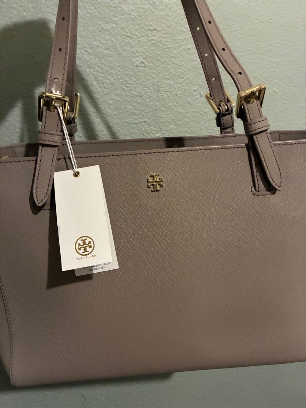Tory Burch Mauve Taupe Saffiano Leather Tote with Gold Logo